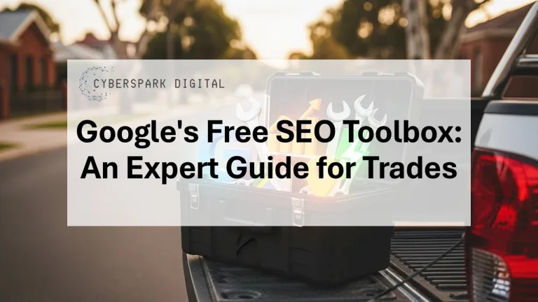 open tradesman’s toolbox sitting on a ute tailgate filled with glowing, holographic 3D icons representing Google's tools